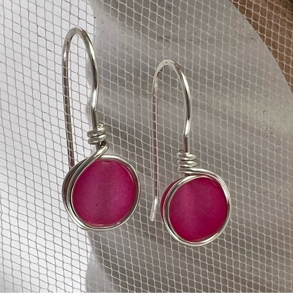 PINK & Silver Wire Wrapped Minimalist Earrings - Picture 1 of 15
